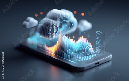 Cloud computing on mobile: A captivating visual showcases the essence of cloud computing, with digital cloud formations gracefully emerging from a sleek mobile device.