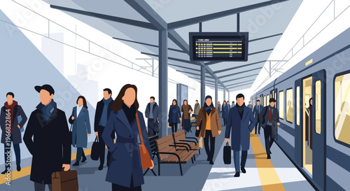 Commuters Walking on Busy Modern Train Station Platform