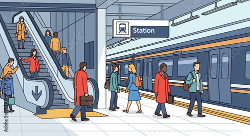 Commuters at Subway Station Platform with Escalator