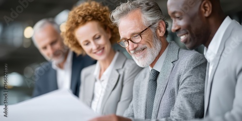 Boardroom Brilliance: An intimate gathering of experienced business minds collaborate on a project, each member exudes confidence, focus, and expertise in a modern, professional setting.