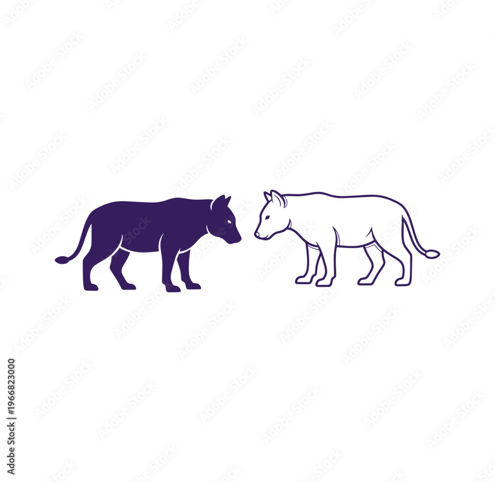 Fototapeta premium Two stylized rhinoceroses facing each other in purple outline and silhouette on white background