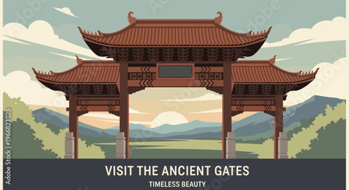 Ancient Asian Gate Illustration with Sunset Landscape