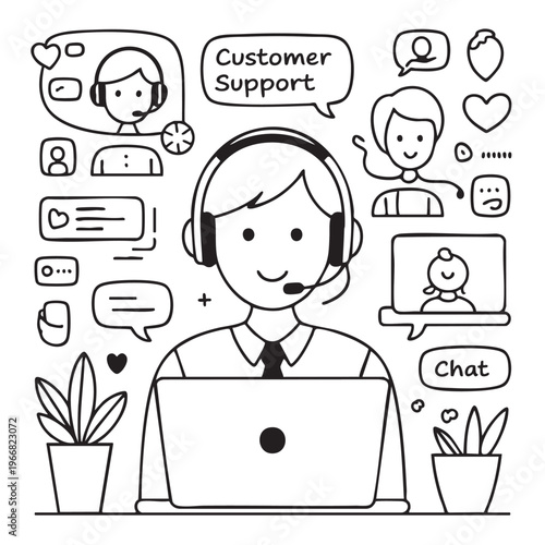 Customer support agent in simple line art style with speech bubbles and chat icons in black and white for business communication