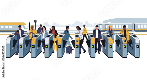 Diverse Commuters Passing Through Subway Turnstiles at Train Station