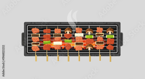 Flat Vector Illustration of Grilled Meat and Vegetable Skewers on a Barbecue Grill