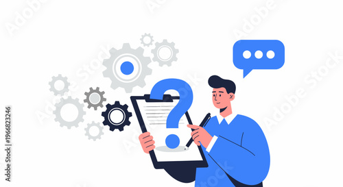 Man holding clipboard with question mark.