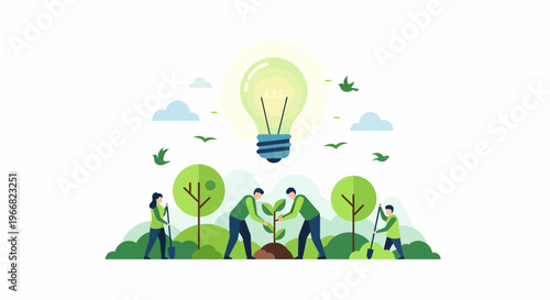 People Planting Trees in Green Field.