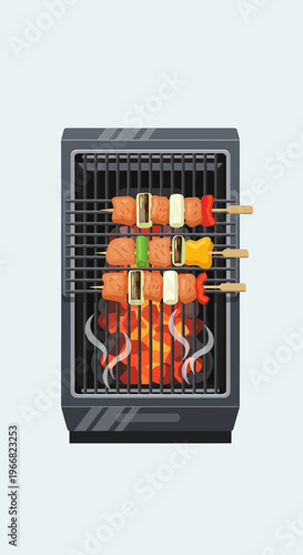Flat Vector Illustration of Meat Skewers Grilling on Charcoal Barbecue
