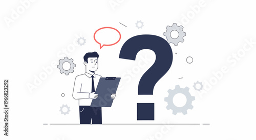 Businessman holding laptop with question mark.