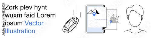 Navigation, technology, location services, financial transactions, mapping, user interface. Tablet displaying map and pin, coin and face outline. Navigation and technology concepts