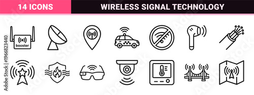 Minimalist Geometric Line Art Representing Wireless Connectivity, Telecommunications Infrastructure, and Digital Signal Technology Symbols.