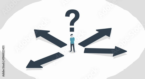 Confused man with question mark arrows.