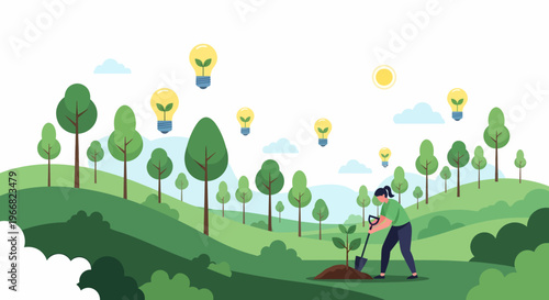 Man Planting Small Green Tree Sapling.