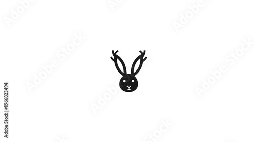 Minimalist black jackalope head vector illustration. Stylized mythical rabbit with deer antlers graphic. Fantasy animal design on white.