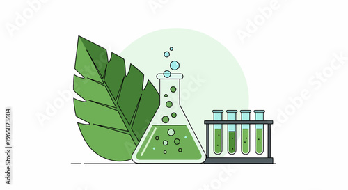 Green conical flask with bubbles rising.