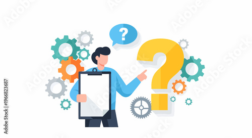 Man holding clipboard with question mark.