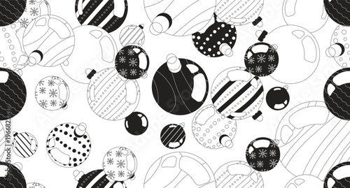 Christmas ornaments black and white repeating pattern. Xmas holiday baubles. Endless tileable background. Line art illustration. Outline icon motif. Decorative repetition. All over print composition