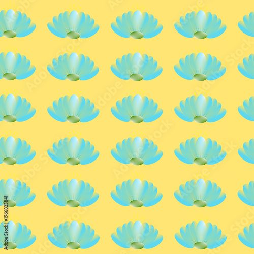 Seamless floral pattern with abstract blue flowers on yellow background. Modern decorative design suitable for textiles, wrapping paper, and surface patterns.