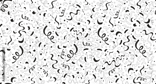Confetti curling streamers black and white repeating pattern. Party surprise. Endless tileable background. Line art illustration. Outline icon motif. Decorative repetition. All over print composition