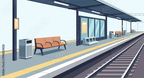 Empty Modern Train Station Platform with Benches and Railway Tracks