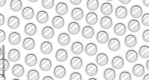 Shiny coins black and white repeating pattern. Money finance. Game reward. Endless tileable background. Line art illustration. Outline icon motif. Decorative repetition. All over print composition