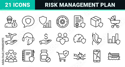 Risk Management and Financial Security Insurance Icons, Minimalist Geometric Black Outline Symbols for UI/UX Design.