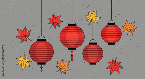 Chinese Lanterns and Autumn Maple Leaves Illustration