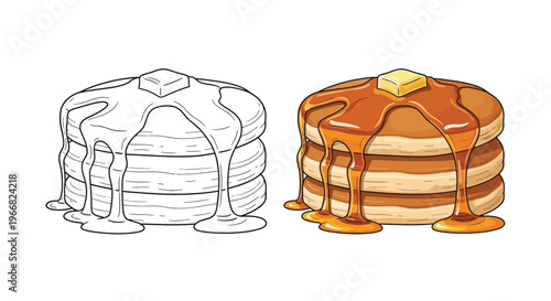 Delicious vector illustration of a stack of fluffy pancakes with maple syrup and melting butter design.