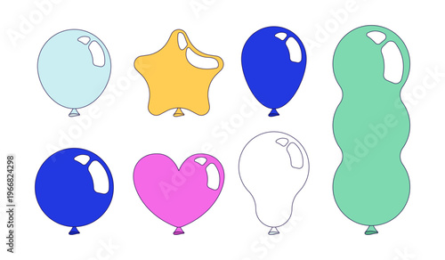 Party balloon shapes 2D cartoon objects set. Festive decor. Birthday ballons. Event decoration. Different baloons isolated elements flat vector clip arts on white. Spot illustrations collection
