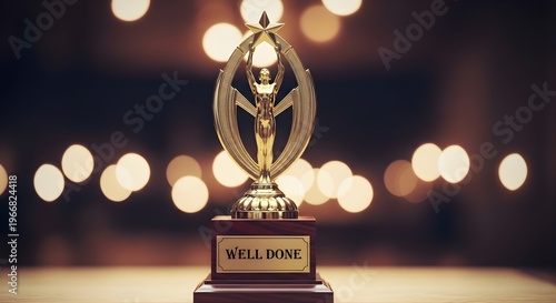 Elegant Award Trophy with Well Done Inscription and Soft Bokeh Lights