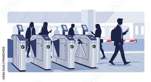 Commuters Passing Through Automated Subway Turnstiles at Train Station
