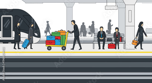 Commuters and Travelers at a Modern Train Station Platform