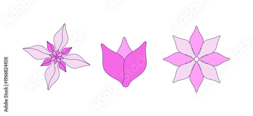 Stylized pink flowers 2D cartoon objects set. Spring blossoms. Motif floral. Blooming variety. Various flowerheads isolated elements flat vector clip arts on white. Spot illustrations collection