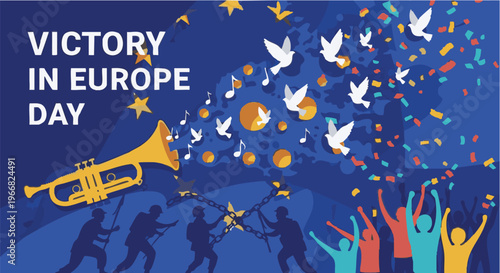 Celebratory Victory in Europe Day with confetti and doves in blue background for historical commemoration