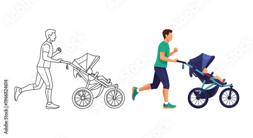 Father jogging with a baby in a modern sports stroller illustration concept