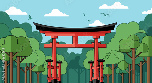 Flat Vector Illustration of Japanese Torii Gate in Lush Green Forest