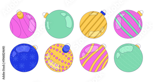 Christmas baubles ornaments 2D cartoon objects set. Xmas decoration with various patterns. Winter holiday decor isolated elements flat vector clip arts on white. Spot illustrations collection