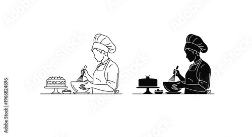 Vector illustration design of a female pastry chef preparing batter with a whisk beside a finished cake