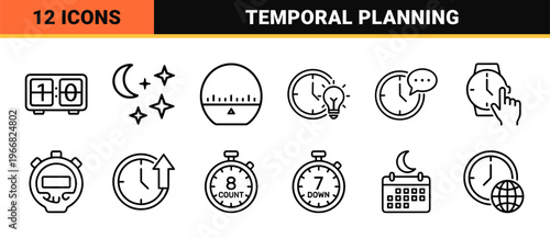 Time and Date Management Interface Symbols, Minimalist Monoline Geometric Line Art for Scheduling, Planning, and Productivity Tracking
