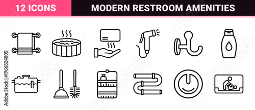 Sanitary Bathroom and Plumbing Line Art Featuring Minimalist Restroom Fixtures Hygiene Amenities and Maintenance Equipment Outline Graphics