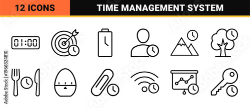 Time Management and Scheduling Geometric Line Art Icons featuring Minimalist Monoline Symbols for Productivity and Chronometry Projects.