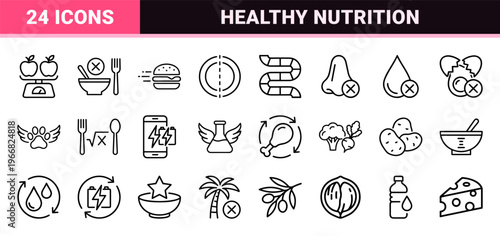 minimalist Monoline Nutrition and Dietetic Icons Featuring Geometric Line Art for Healthy Eating Apps