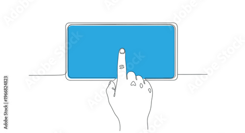Finger touching a blue touch screen button, one line illustration