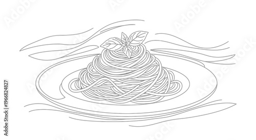 Plate of spaghetti with basil leaves, line art