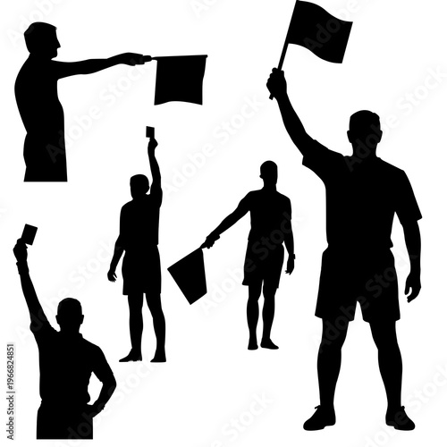 Referee and Linesman Silhouette Set, Football Officials Action Poses, Soccer Umpire Holding Yellow Red Card and Flag Vector Silhouettes