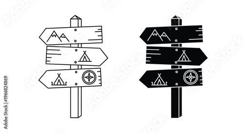 Vector illustration of a rustic wooden signpost with directional arrows for various wilderness activities and camping