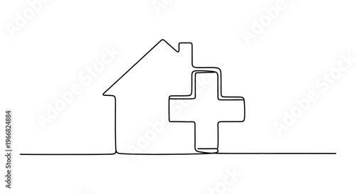 House with Christian cross symbol, one line drawing
