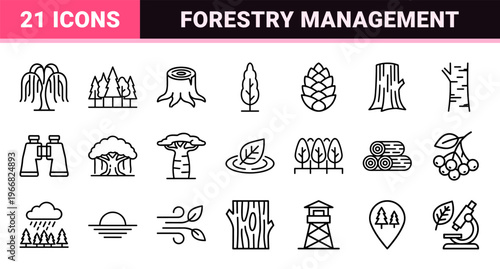 Arboreal Nature and Forestry Geometric Line Art. Minimalist Monoline Symbols for Environmental Design, Wood Industry, and Botanical Web UI.
