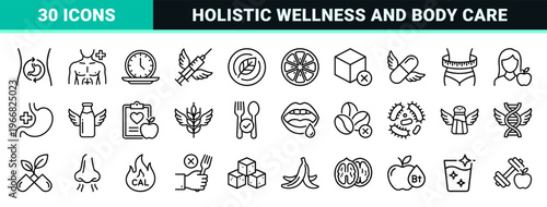 Nutrition and Healthy Diet minimalist Monoline Icons featuring Dietary Restrictions, Wellness, and Organic Food Geometric Line Art Set.