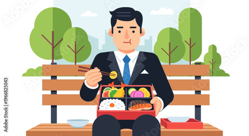 Businessman Enjoying Japanese Bento Box Lunch in Park